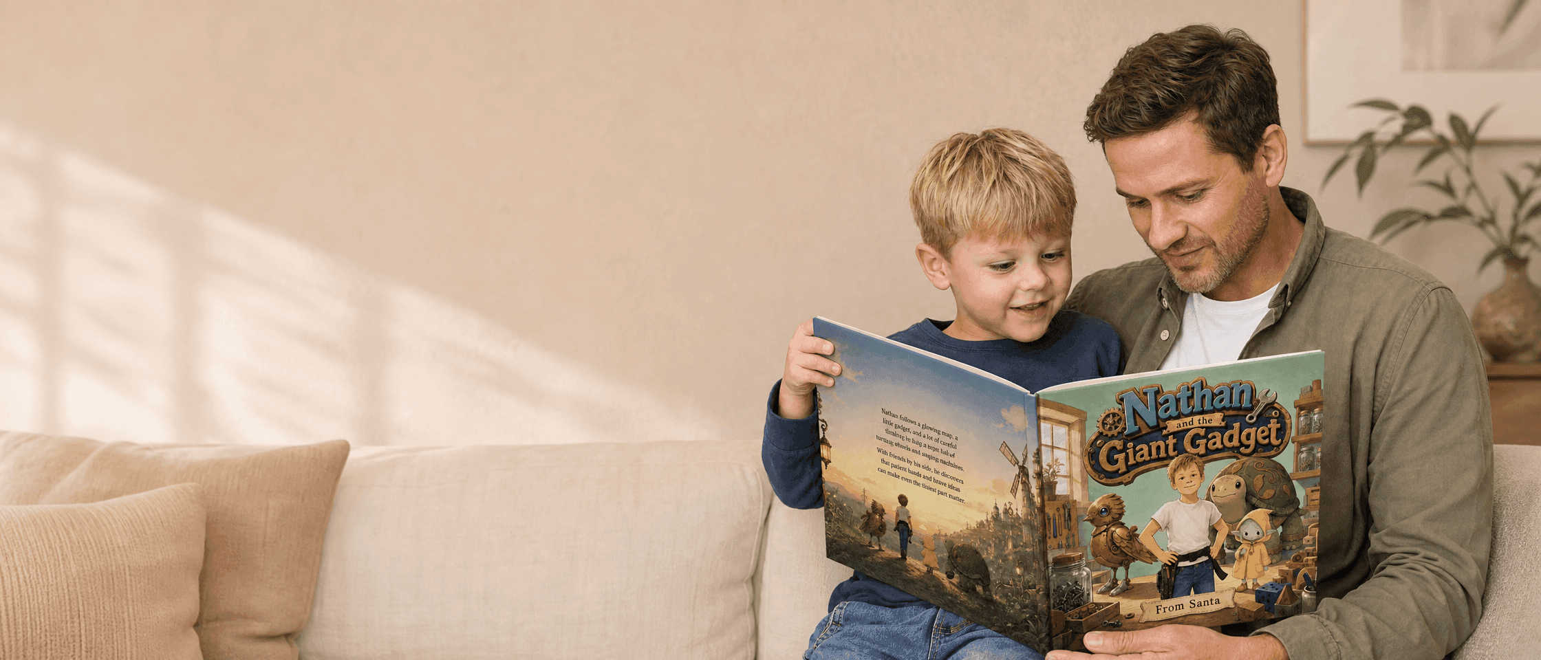 Father and son reading a personalized kids storybook together
