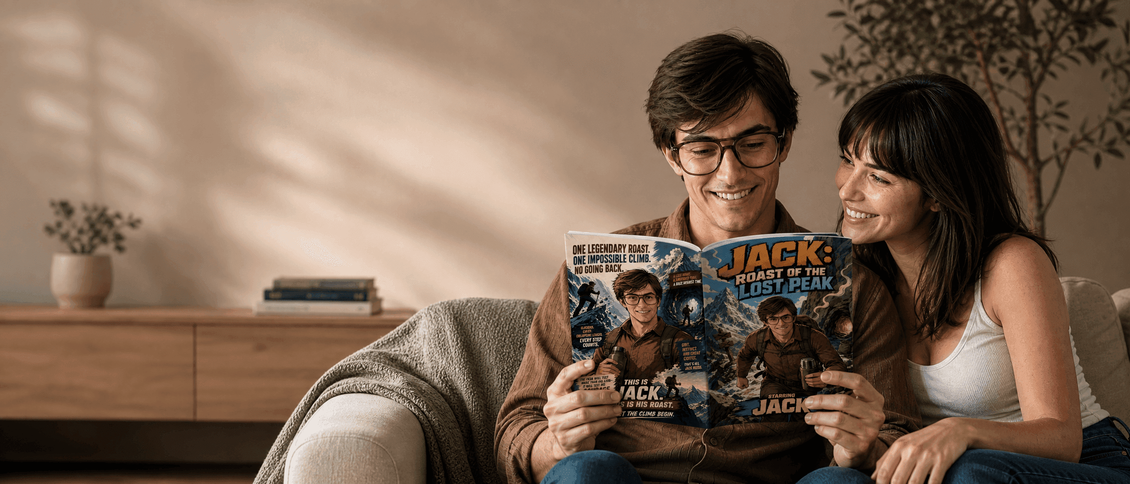 Couple reading a personalized comic book together